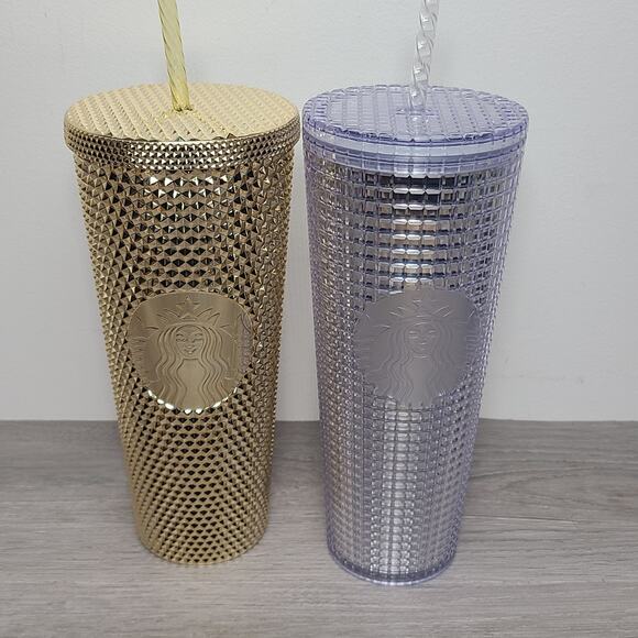 Bundle Starbucks Holiday Tumblers 2020 Silver Disco 2021 Gold Diamond w Straws - Picture 1 of 8